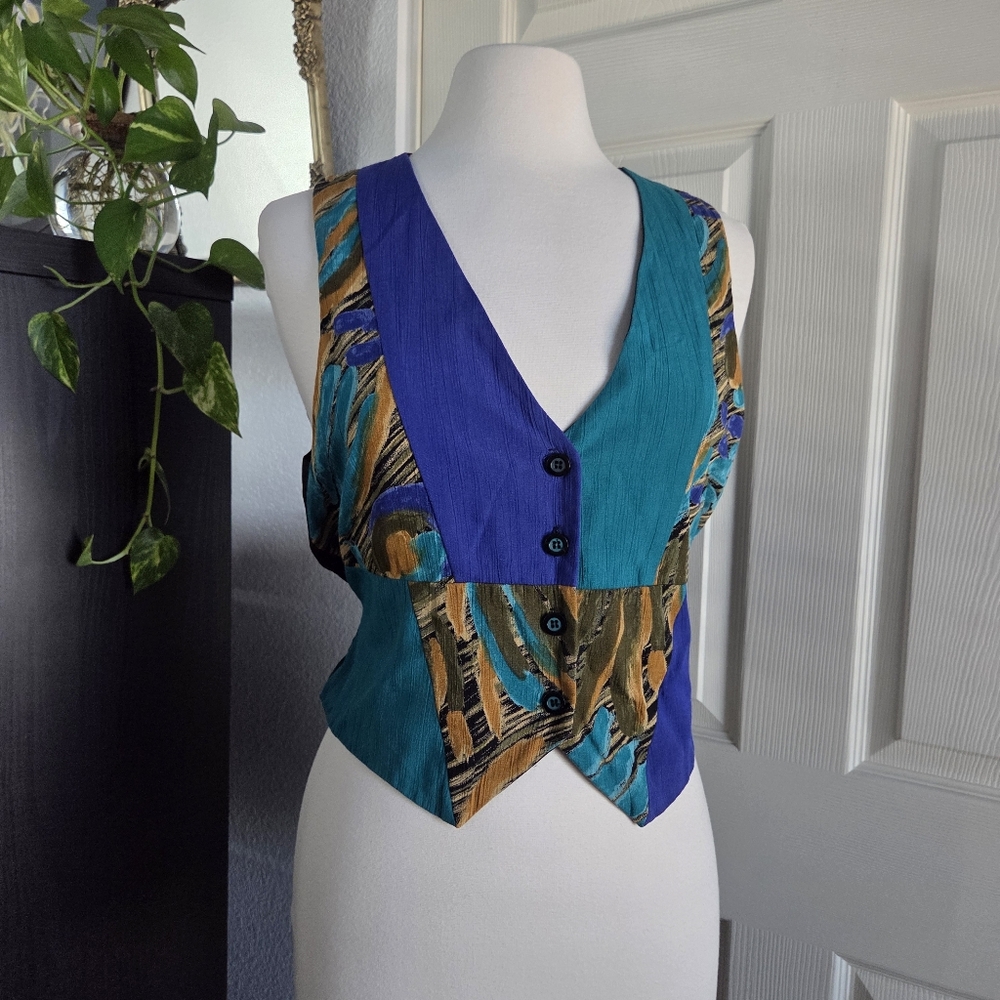 Vintage AKF New York Colorful Blue Teal Button Down Vest Size Medium